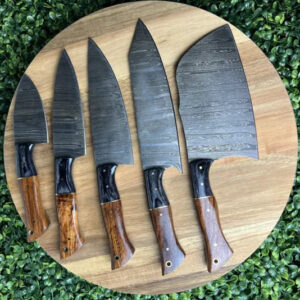 5 Pieces Handmade Forged Damascus Steel Culinary Kitchen Cooking Chef Knives set Wood Handle Leather Roll Bag