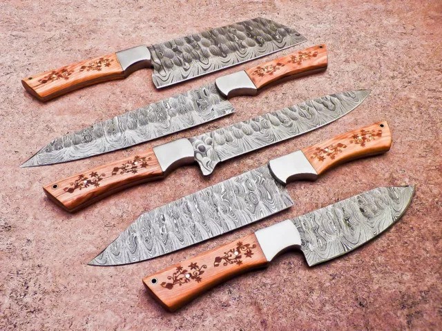 Custom Handmade 5-Piece Damascus Steel Chef Knife Set – Outdoor & Kitchen Culinary Knives with Wood Handles & Leather Roll Bag Forged in Fire Style - Image 3