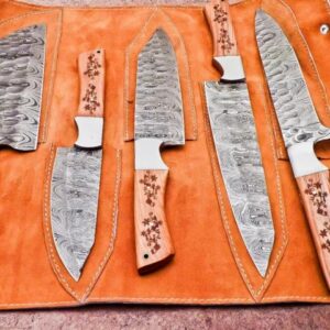 5-piece Damascus steel chef knife set with wood handles and leather roll bag