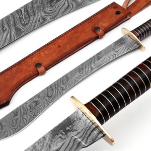 Damascus steel hunting knife with brass guard