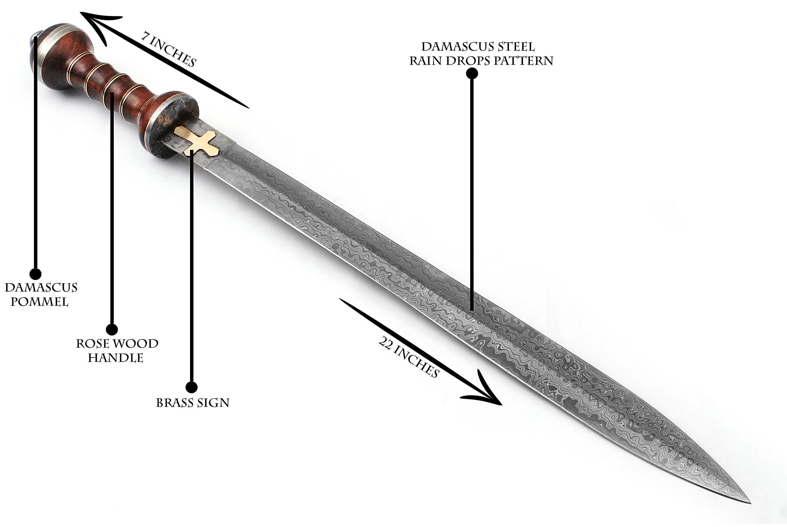 29" Rain Drop Damascus Steel Forged in Fire Custom Medieval Viking Holly Sword – Double-Edged Blade, Wood Handle - Image 2