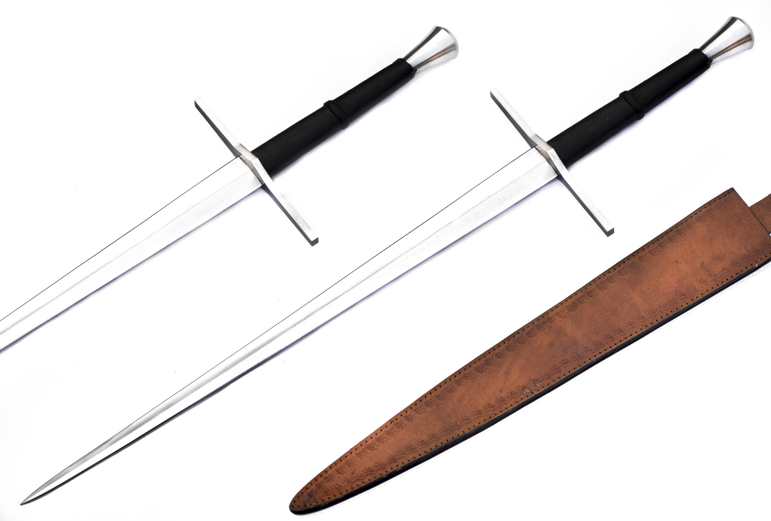 Handmade carbon steel ceremonial sword with leather-wrapped handle