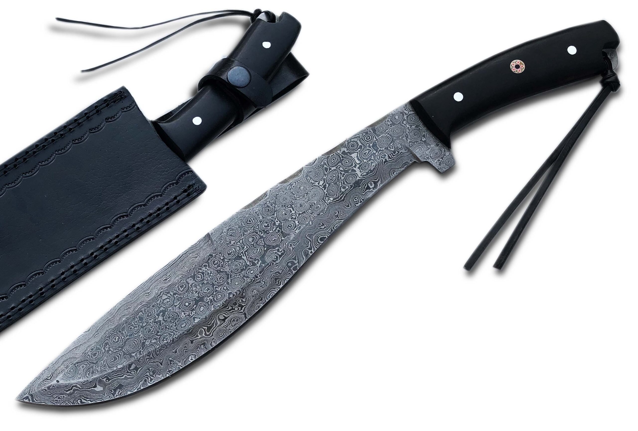 Hand‑forged Rain Drop Damascus Bowie Kukri knife with bull horn handle