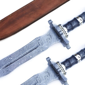 15 inch Damascus steel double edge dagger knife with Pakka wood handle, brass guard and pommel, and leather sheath