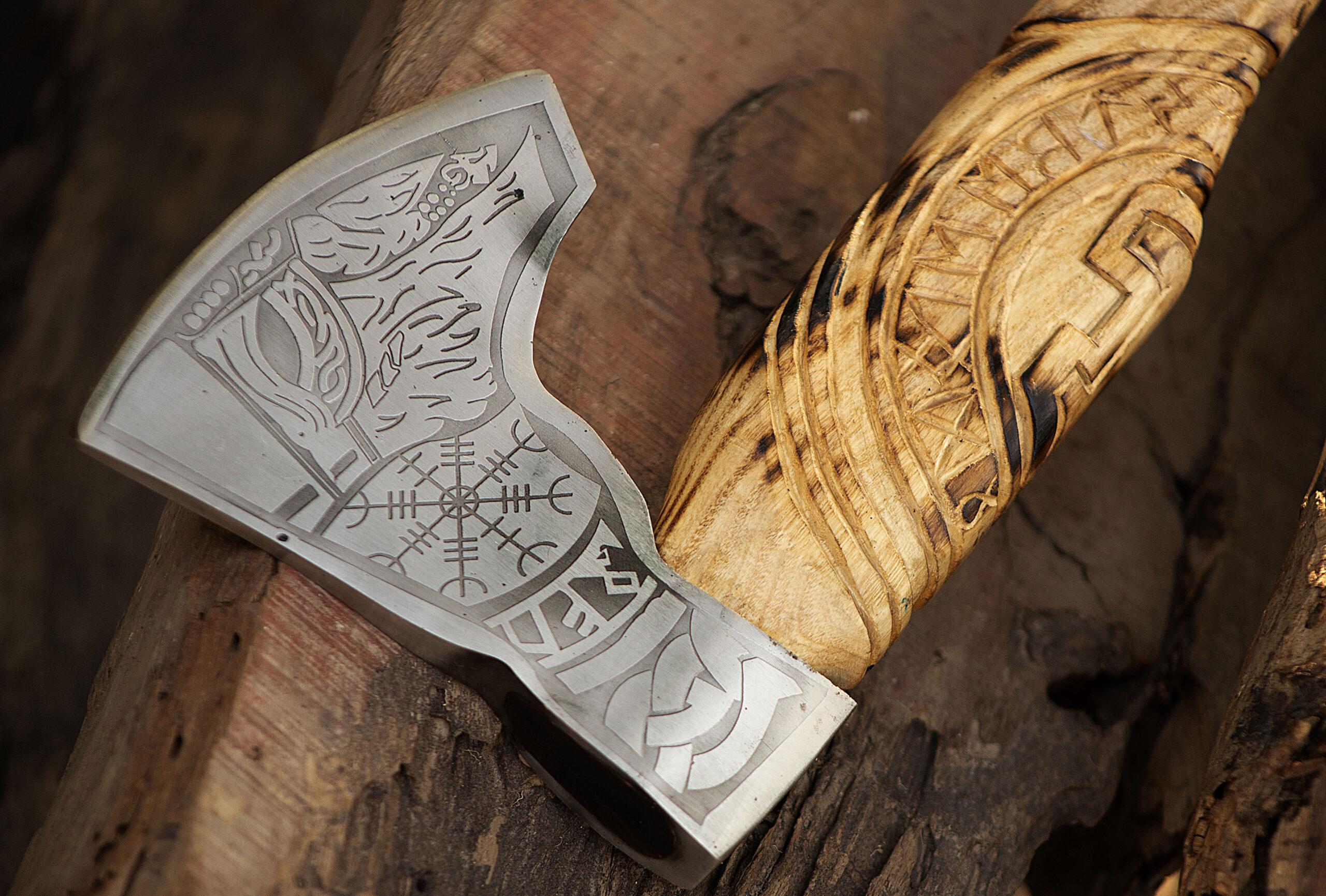 Viking Handmade Forged High Carbon Steel Axe – Handle 21.5" Cutting Edge 5" Head length 6" Survival Chopper with Roped Wood Handle, Brass Pins & Leather Sheath - Image 5