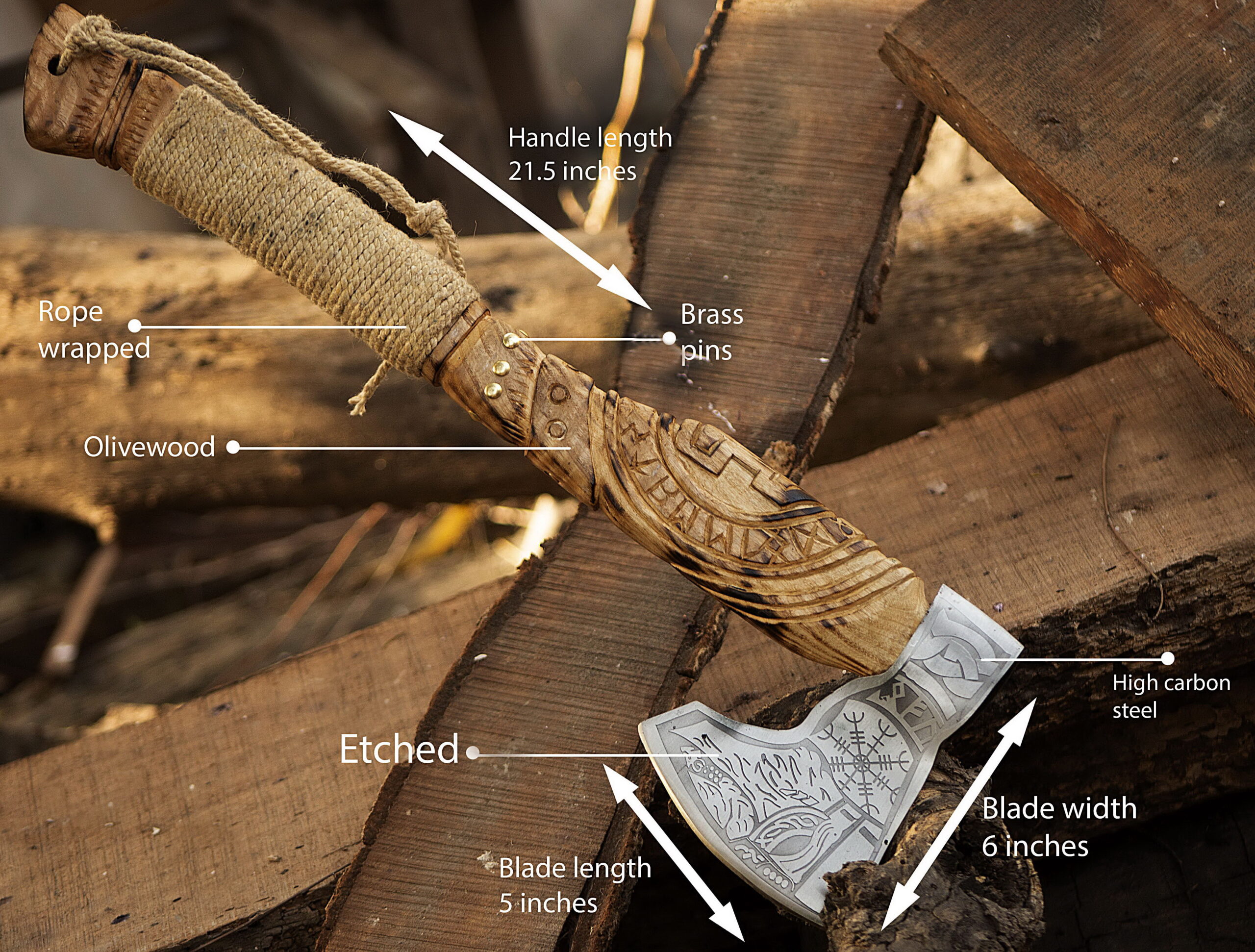 Viking Handmade Forged High Carbon Steel Axe – Handle 21.5" Cutting Edge 5" Head length 6" Survival Chopper with Roped Wood Handle, Brass Pins & Leather Sheath - Image 6