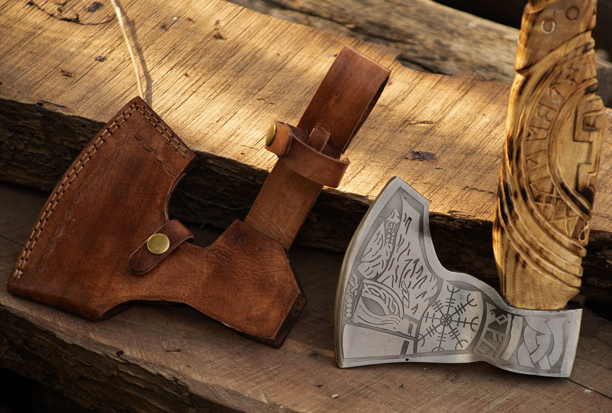 Viking Handmade Forged High Carbon Steel Axe – Handle 21.5" Cutting Edge 5" Head length 6" Survival Chopper with Roped Wood Handle, Brass Pins & Leather Sheath - Image 7