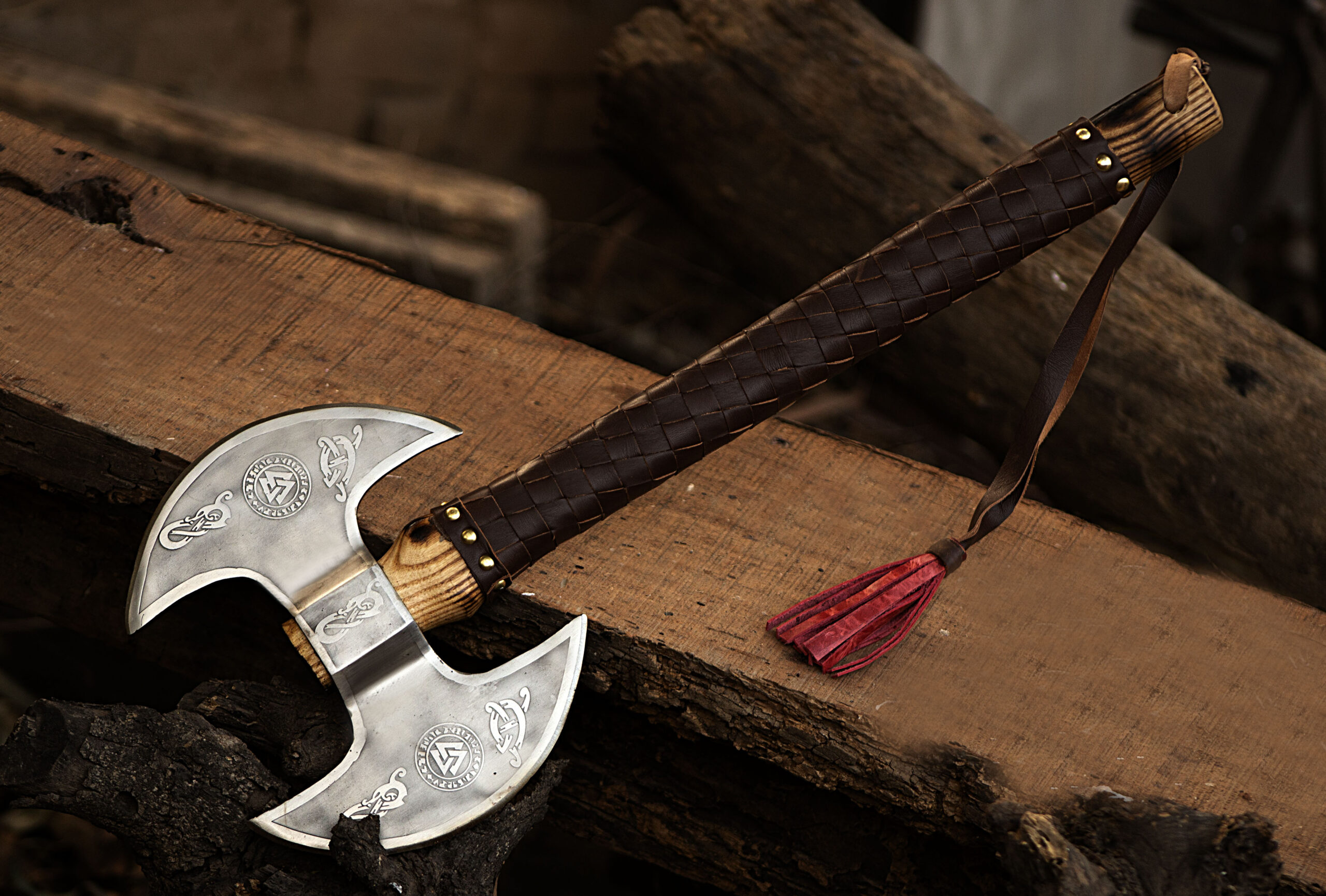 Handmade Viking survival axe with 20-inch olive wood handle and 7-inch carbon steel blade