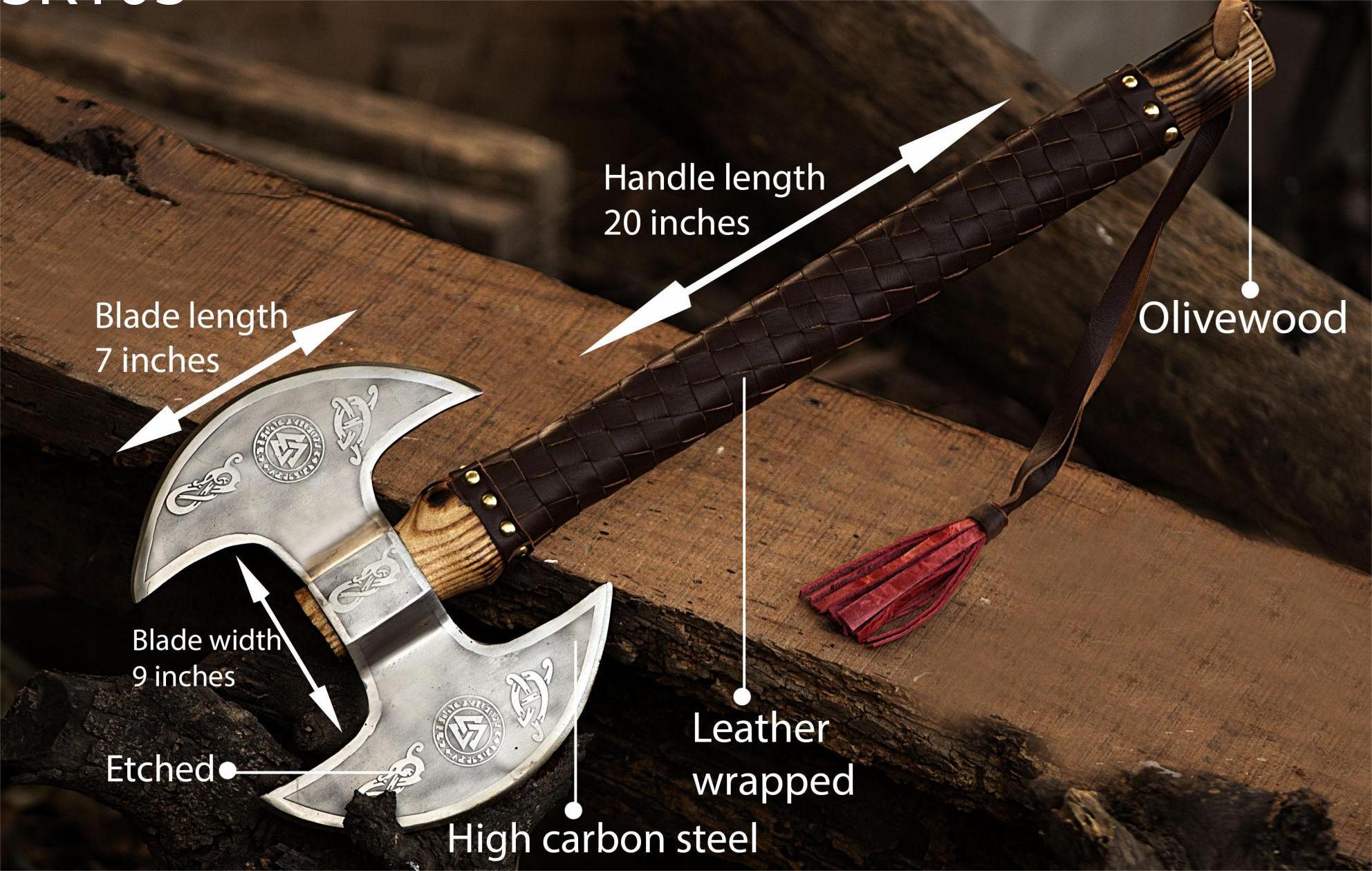 Custom leather sheath for Viking survival axe with secure strap