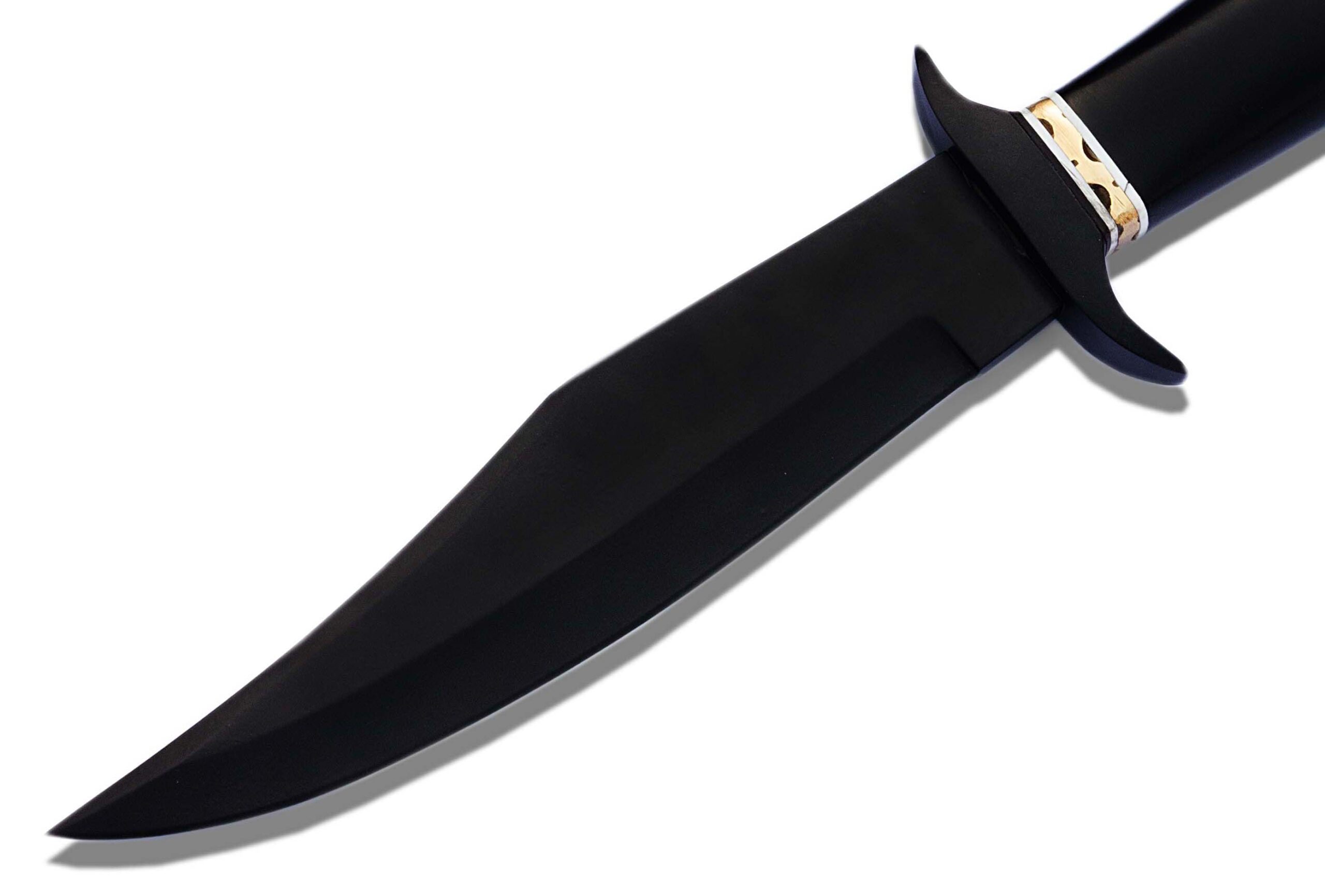 Black coated high carbon steel blade detail on custom hunting knife