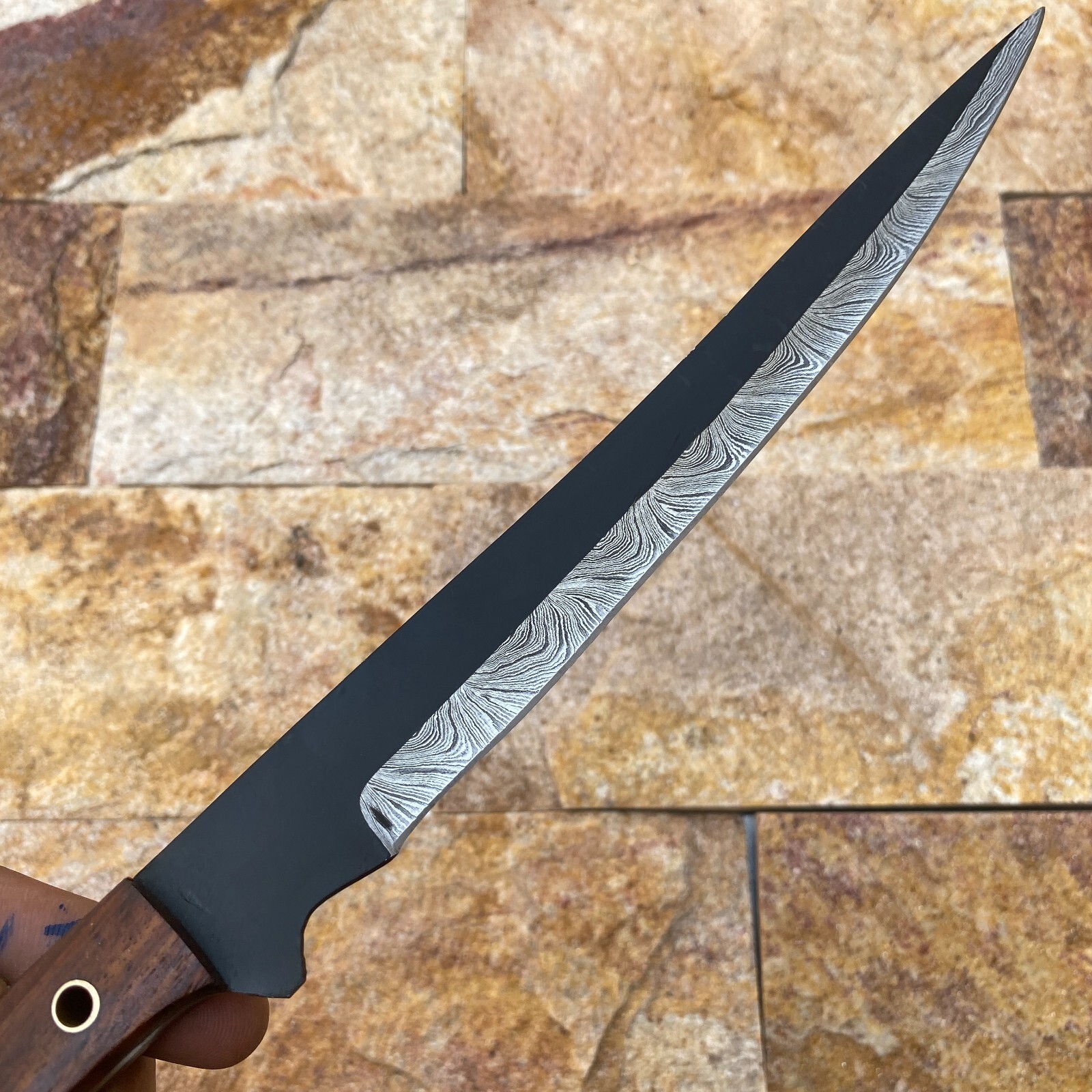Forged Damascus Steel Half Black Coated Cooking Kitchen Hunting Fishing Fillet 3 Pices set with wood Handle and leather sheath - Image 5