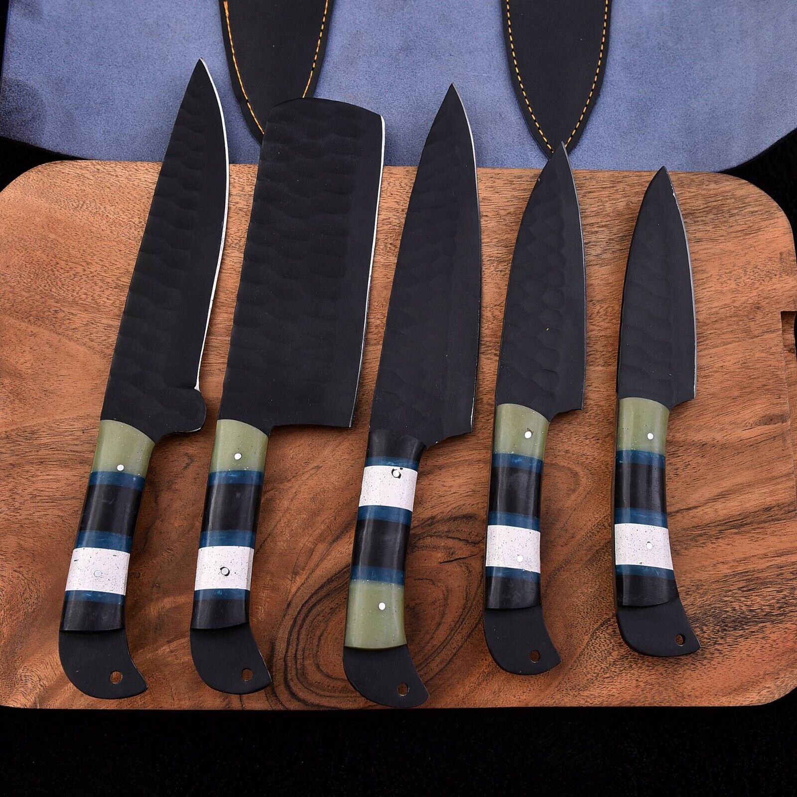 Professional D2 Steel Chef Knives with Black Coating and Leather Roll Bag for Outdoor & Kitchen Use - Image 2