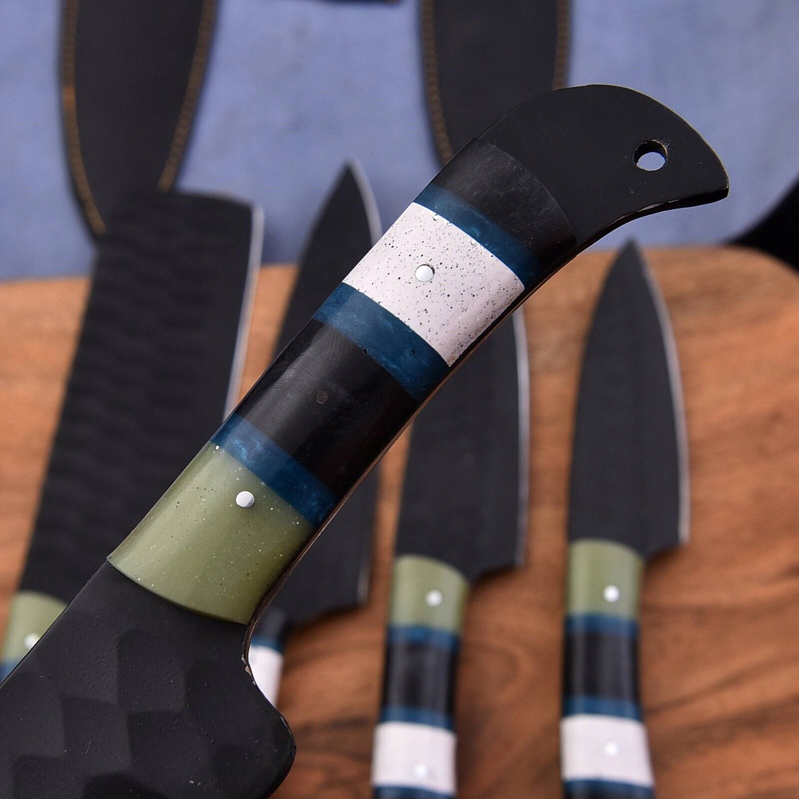 Professional D2 Steel Chef Knives with Black Coating and Leather Roll Bag for Outdoor & Kitchen Use - Image 3