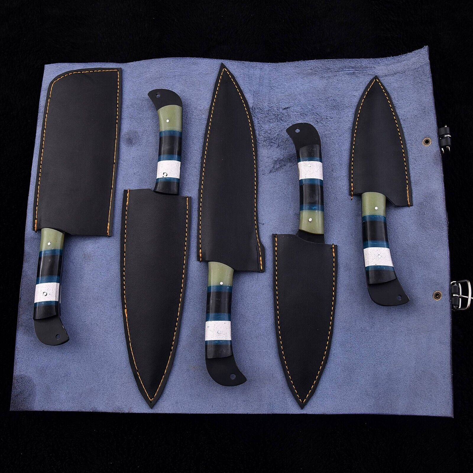 Professional D2 Steel Chef Knives with Black Coating and Leather Roll Bag for Outdoor & Kitchen Use - Image 4