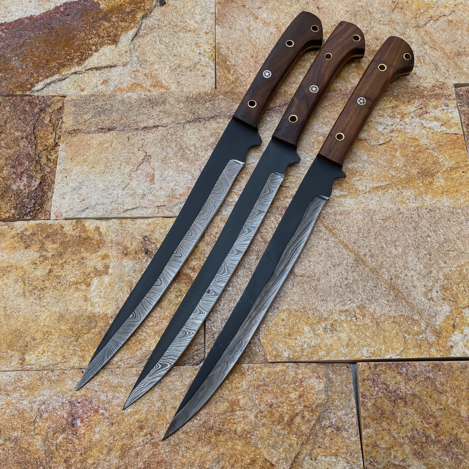Forged Damascus Steel Half Black Coated Cooking Kitchen Hunting Fishing Fillet 3 Pices set with wood Handle and leather sheath