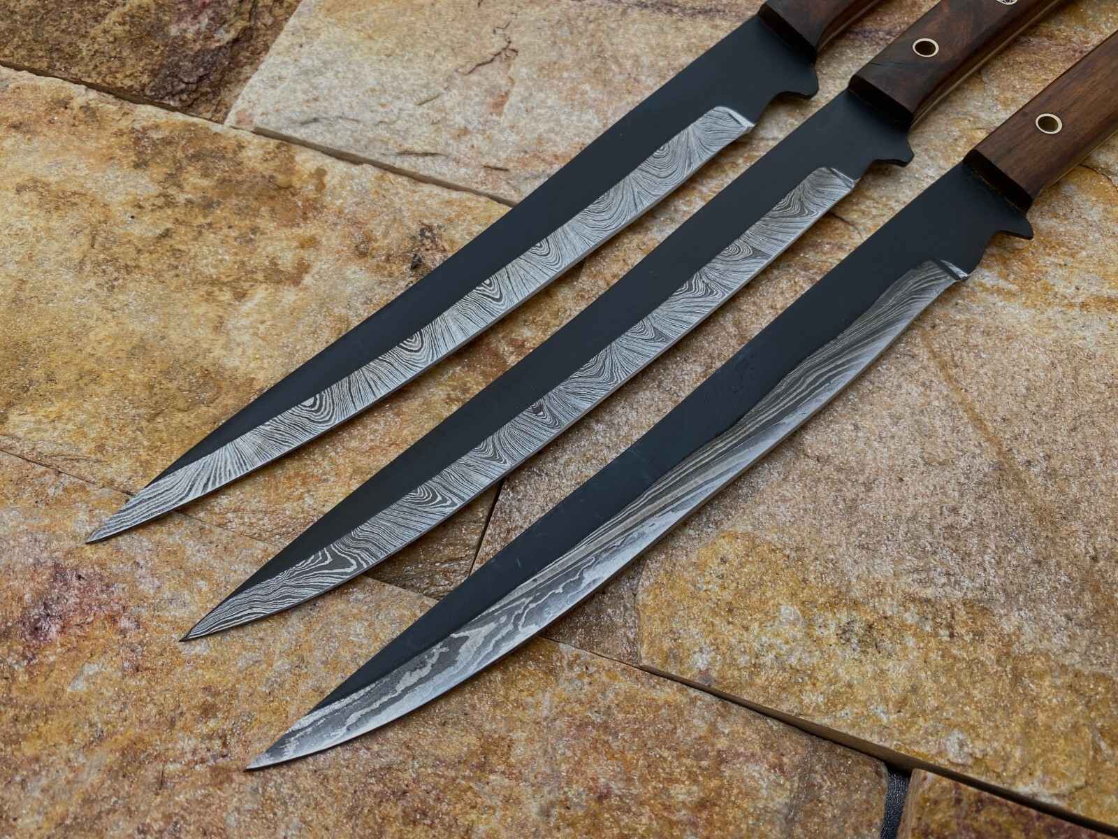 Forged Damascus Steel Half Black Coated Cooking Kitchen Hunting Fishing Fillet 3 Pices set with wood Handle and leather sheath - Image 3