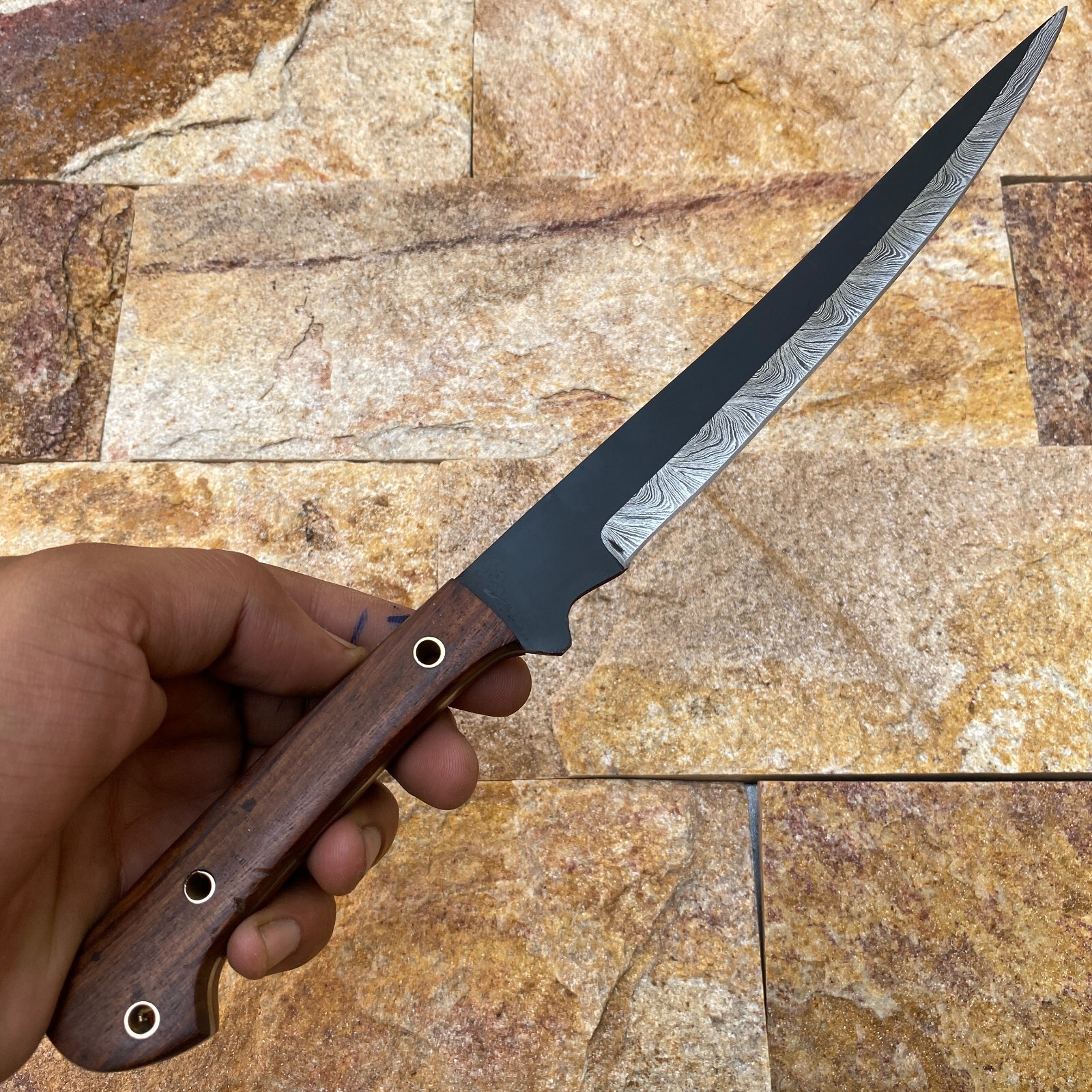 Forged Damascus Steel Half Black Coated Cooking Kitchen Hunting Fishing Fillet 3 Pices set with wood Handle and leather sheath - Image 4