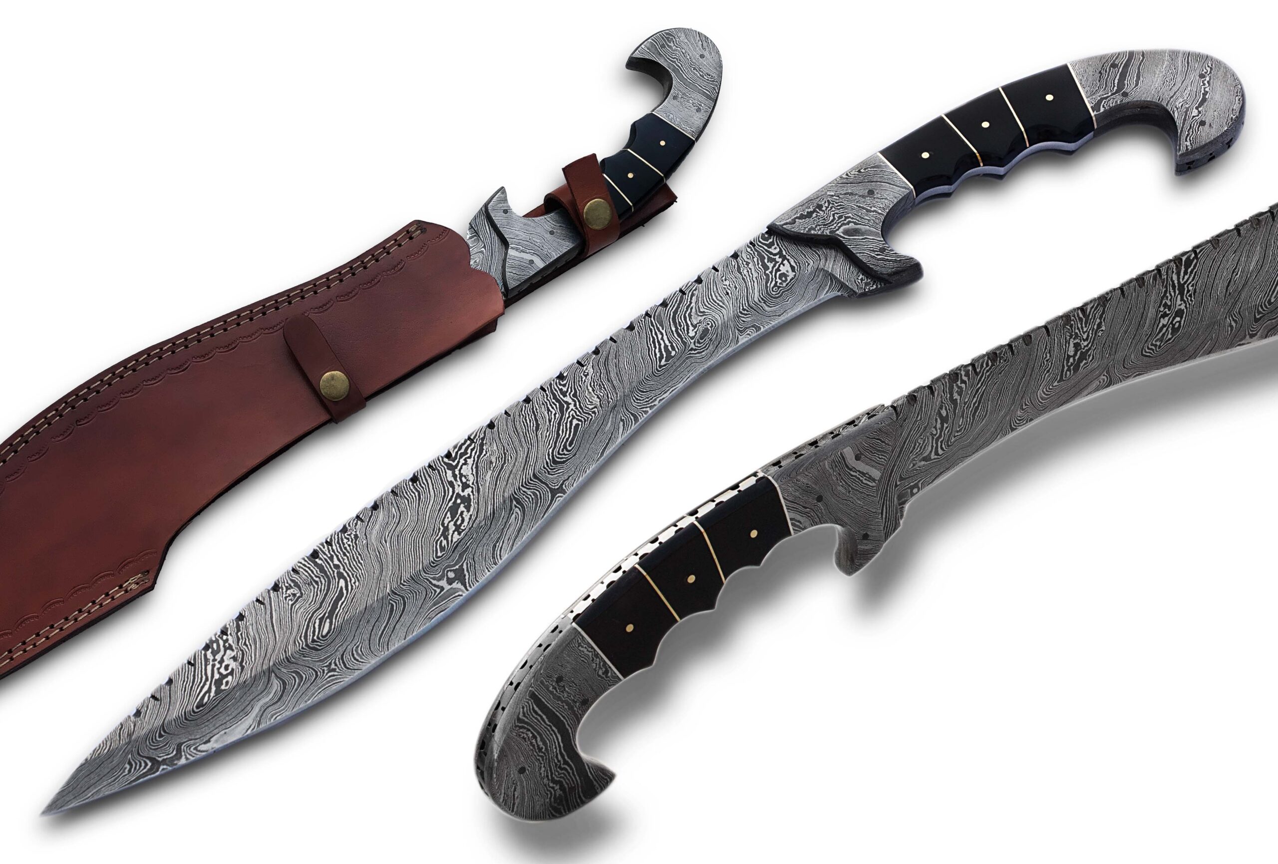 22-inch forged Damascus steel Kukri Bowie knife with 15-inch full tang blade, bull horn handle, and leather sheath