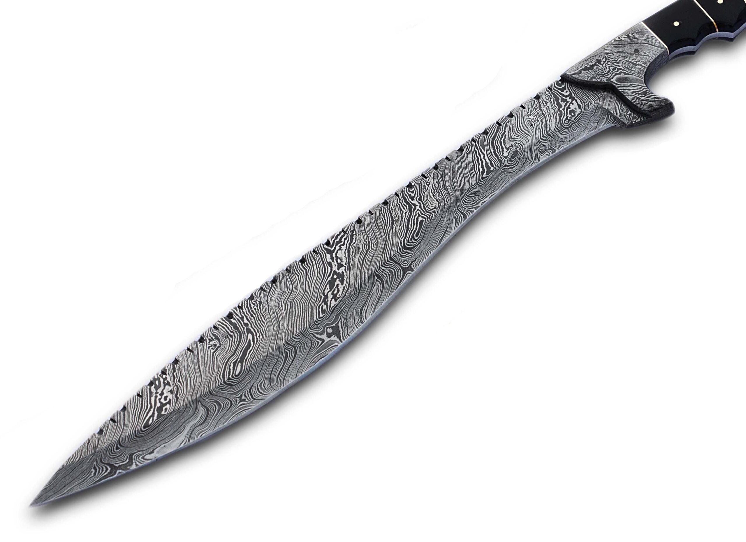 Close-up of 15-inch forged Damascus steel Kukri blade showing distinctive wave pattern