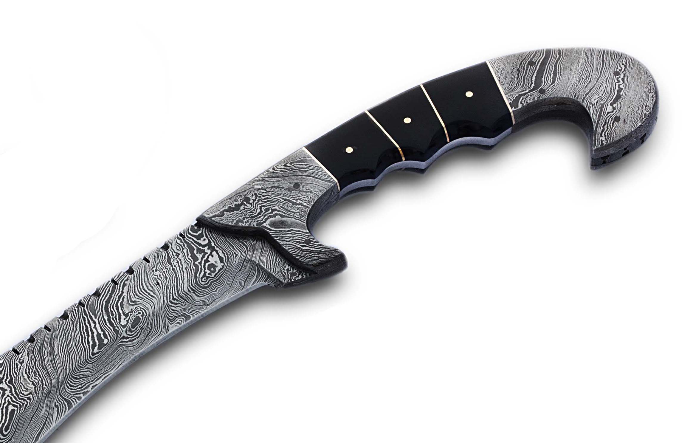 Bull horn handle with Damascus steel bolsters on forged Kukri Bowie knife
