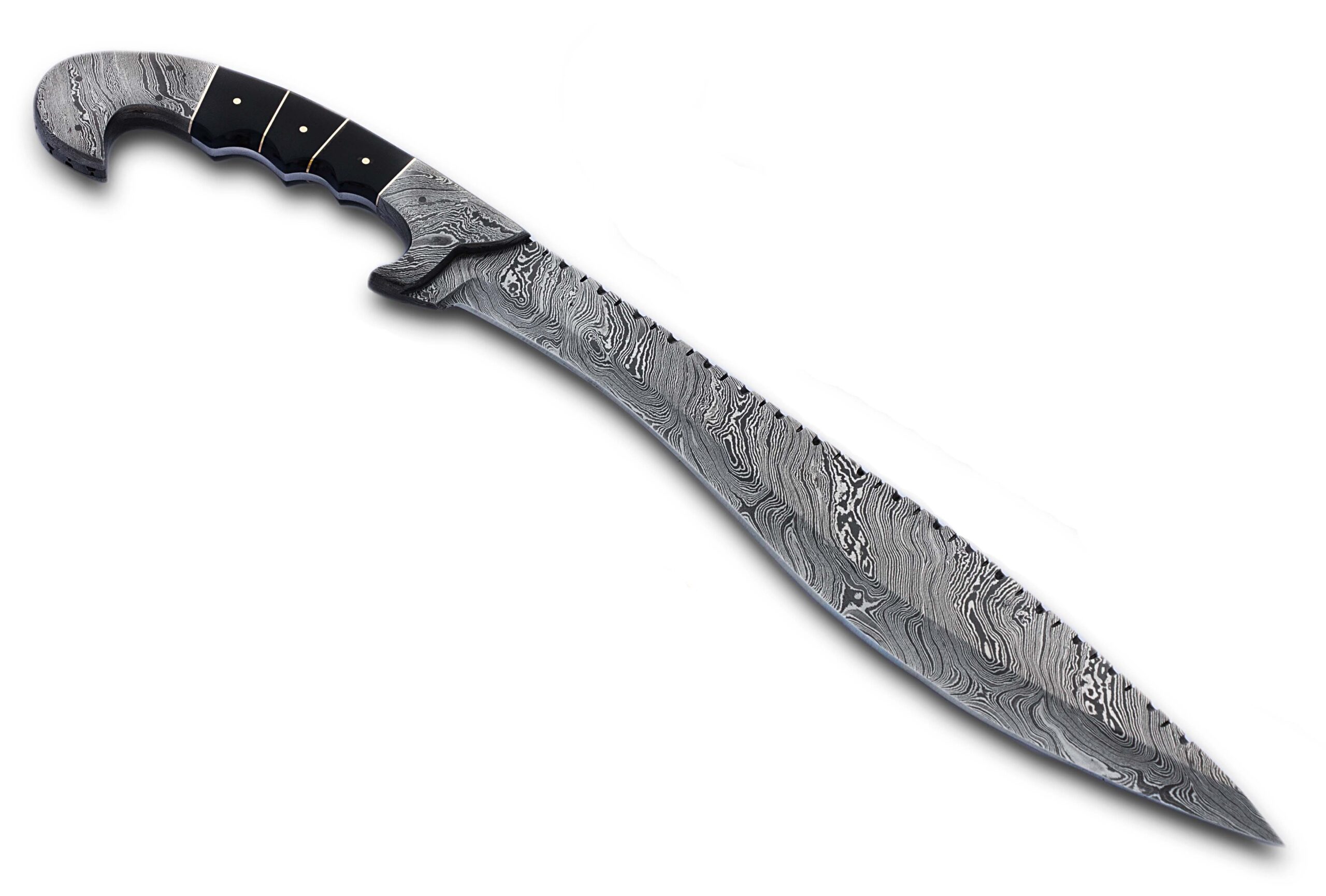 22" Forged Damascus Steel Kukri Bowie Knife – 15" Full Tang Blade, Bull Horn Handle, Damascus Bolsters & Leather Sheath - Image 4