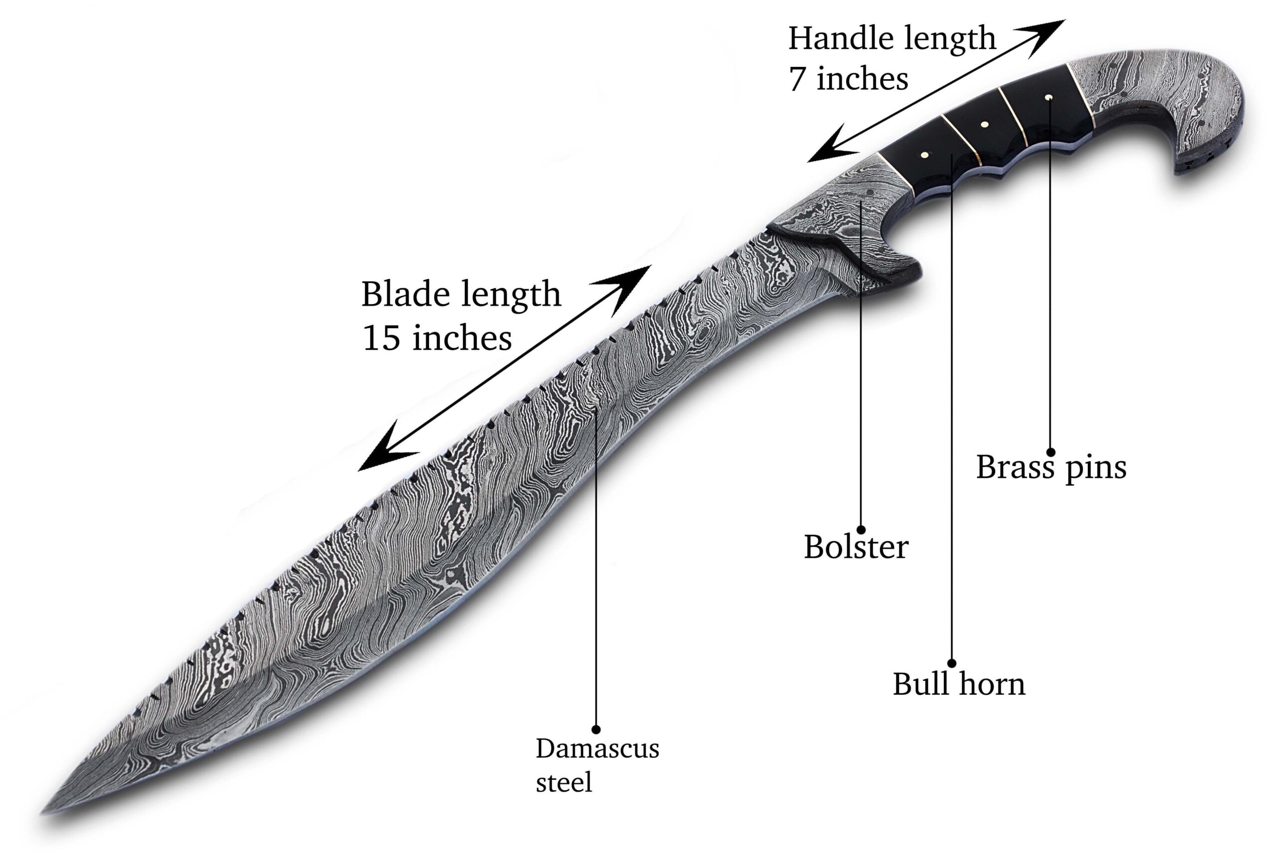 22-inch Kukri Bowie knife with bull horn handle resting on leather sheath