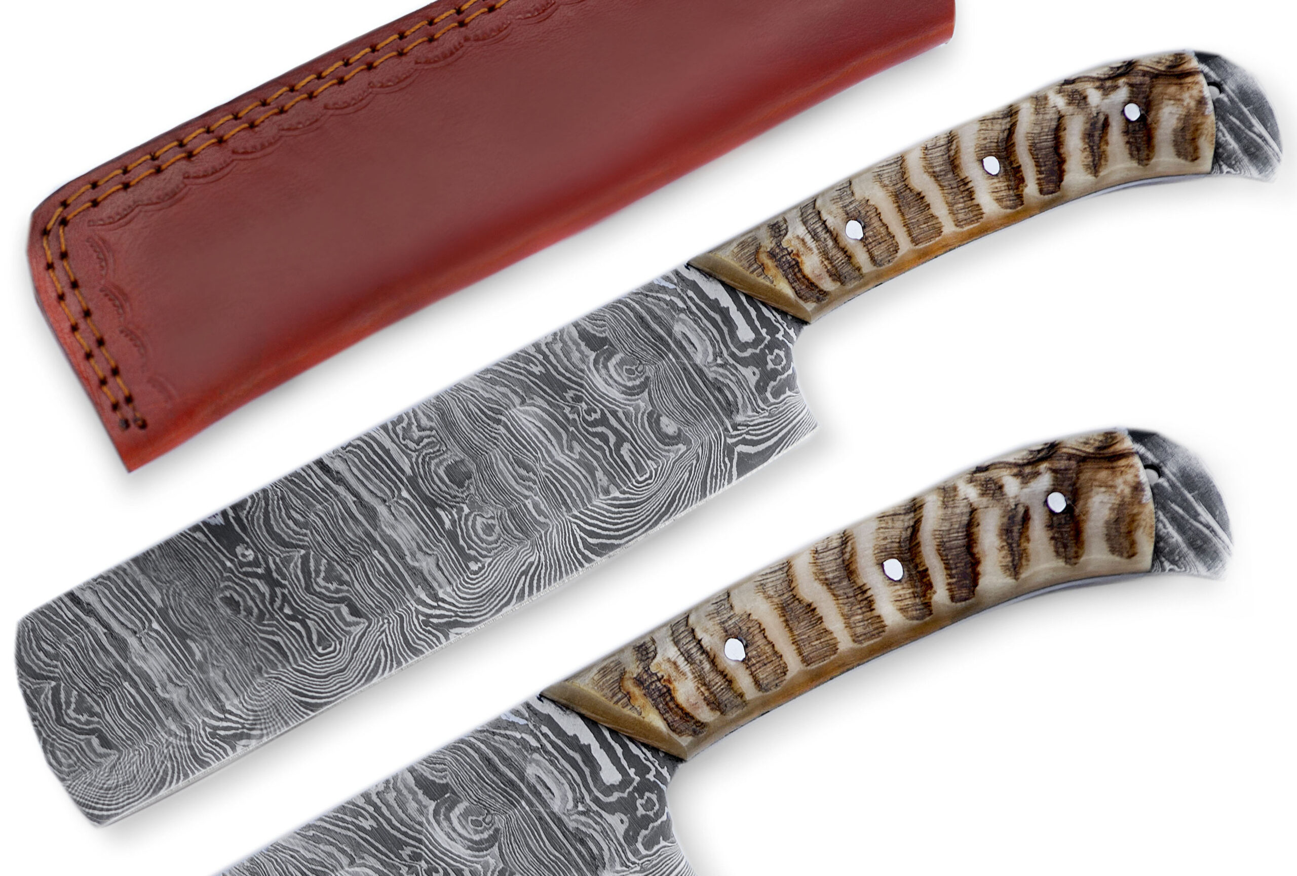Handmade Damascus steel cleaver knife with Ram Horn handle and leather sheath – 12 inch overall