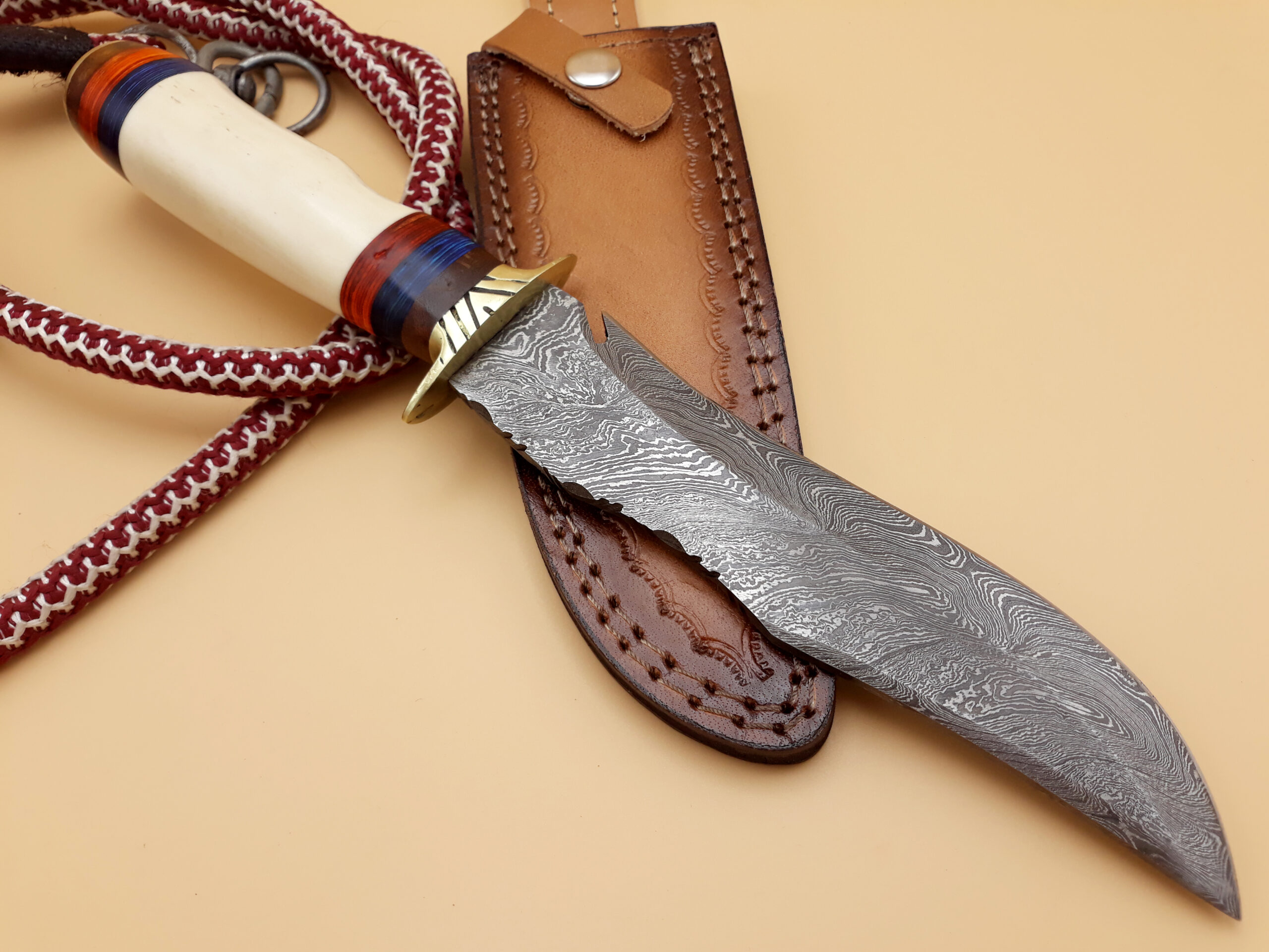 13" Fixed Blade Hunting Camping Survival Bowie Dagger Knife — 8" Damascus Steel Blade Bone and Wood Handle, Leather Sheath - Image 6