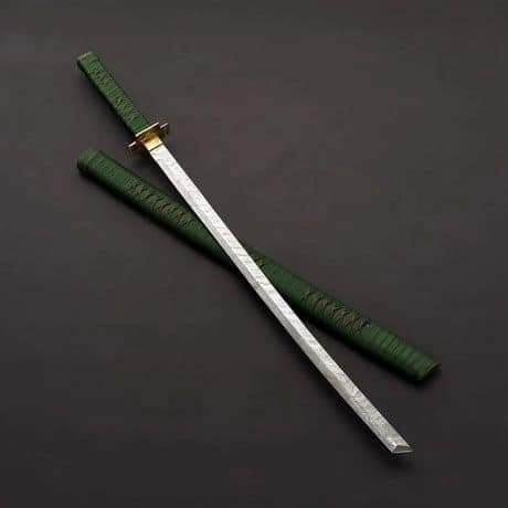Handmade Damascus steel katana sword full-length view