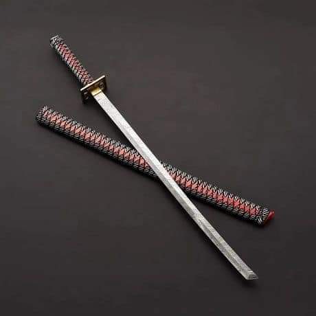 Close-up of Damascus steel katana showing folded steel pattern