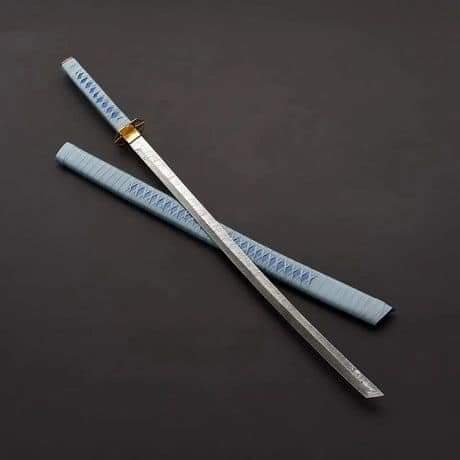 Hand-wrapped tsuka handle of Damascus steel katana