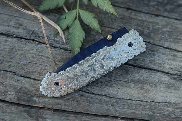 Handmade Blue Damascus Steel Liner Lock Folding Knife Brass Engraved Handle Pocket Knife Best camping Hunting Fishing EDC Tool Knife with Leather Pouch. - Image 5