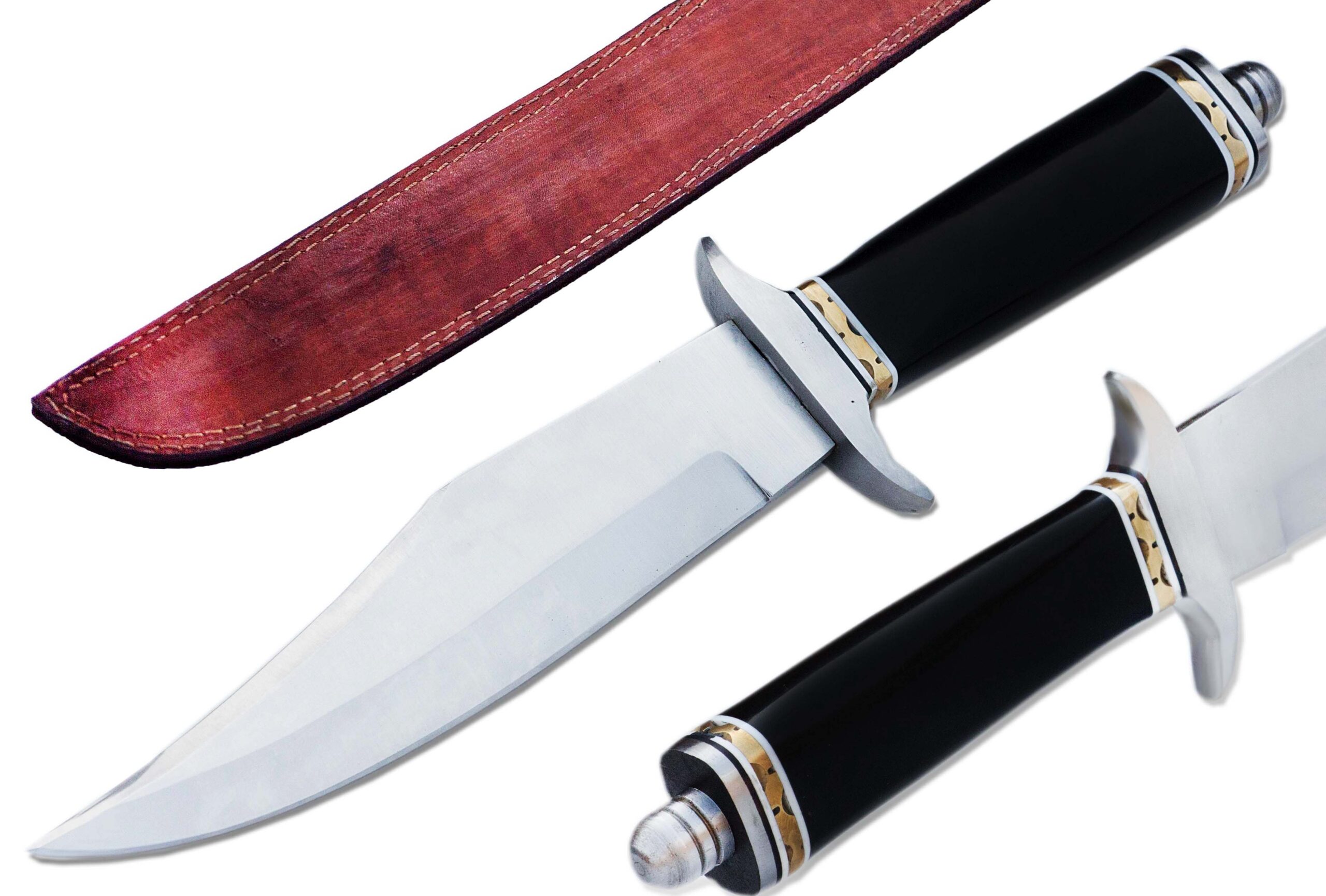 High carbon steel 15-inch hunting camping survival knife with 9-inch blade and bull horn handle featuring brass spacer and steel guard