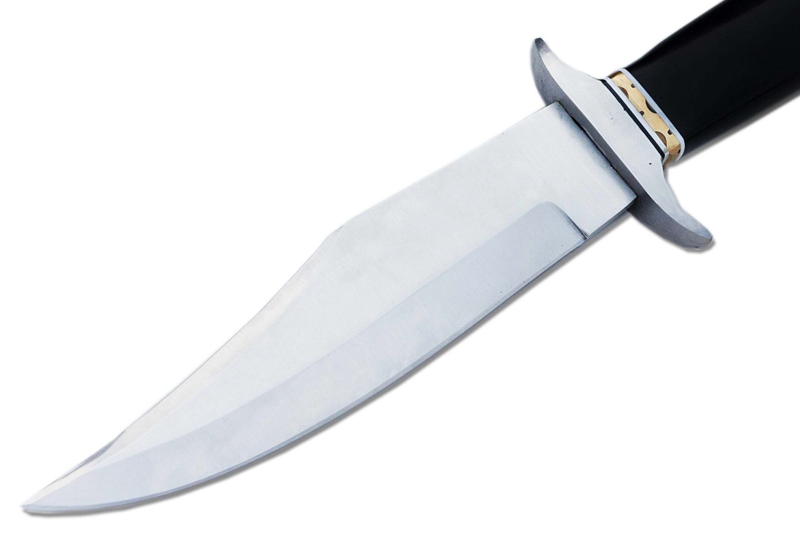 Handmade high carbon steel hunting knife with leather sheath placed on outdoor wood surface