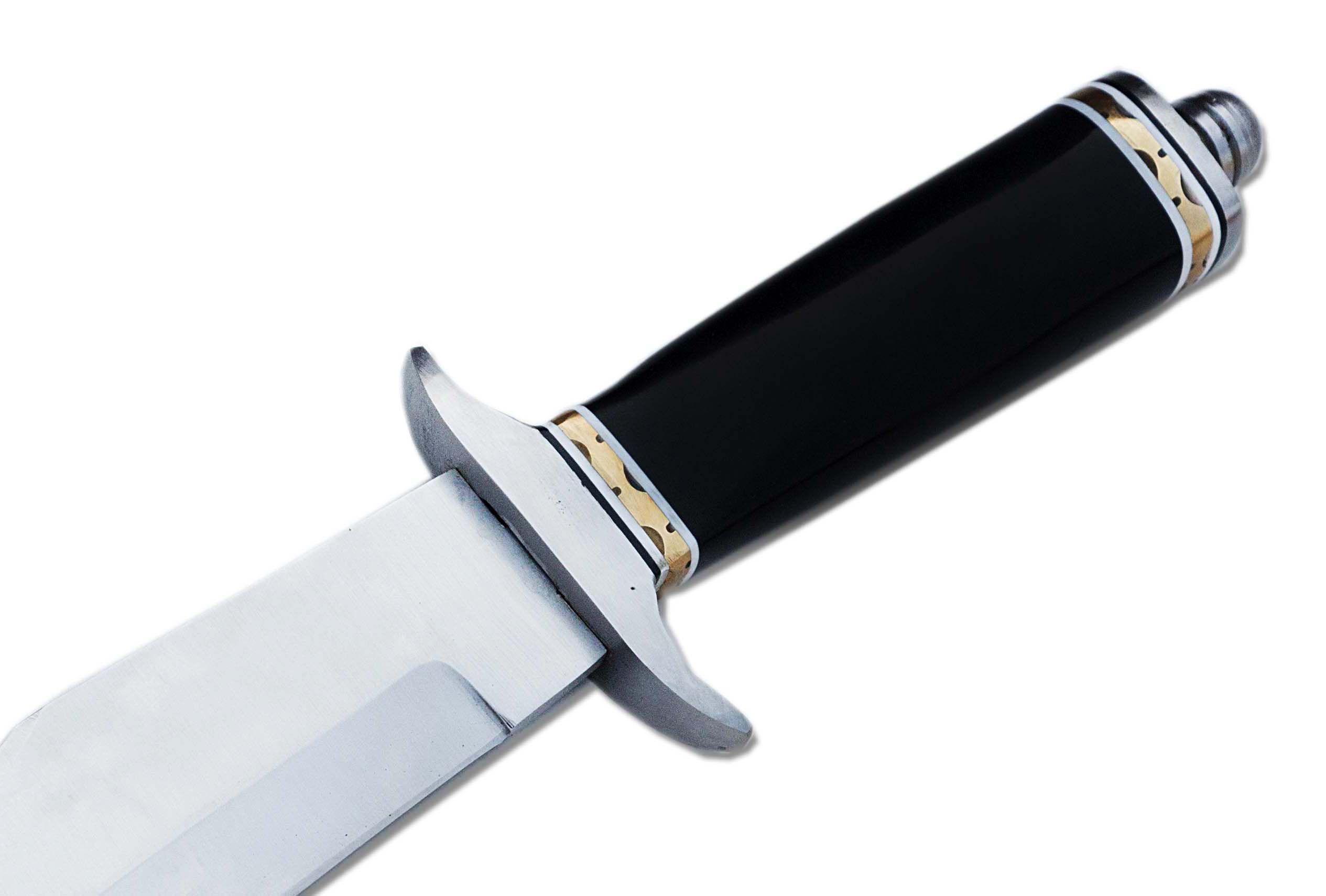 Handmade 15-inch high carbon steel hunting and camping survival knife with 9-inch blade and polished bull horn handle, front view