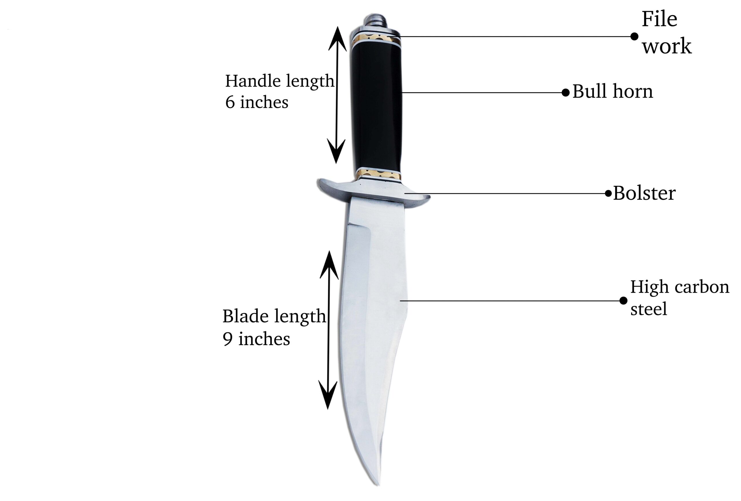 Close-up of bull horn handle with brass spacer and steel guard on handmade high carbon steel hunting knife