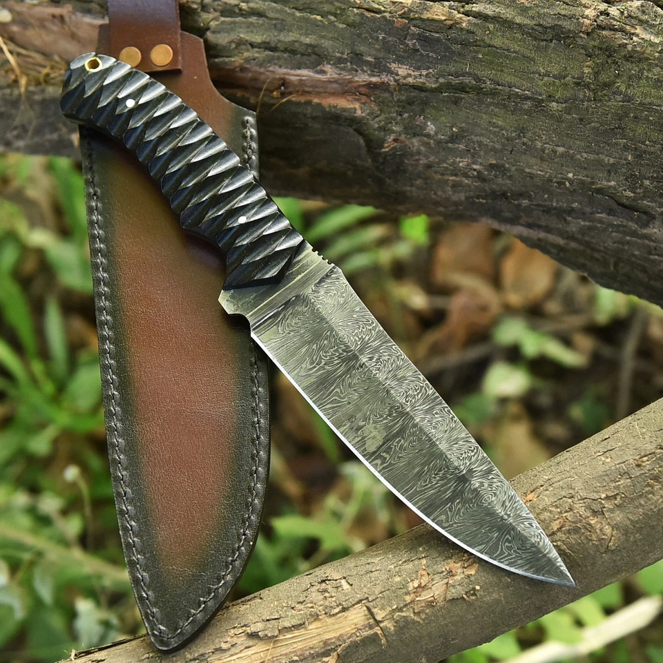 “Custom Damascus sport knife with leather sheath”