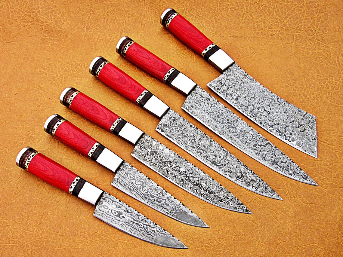Handmade Damascus chef knife set red and black wood handle