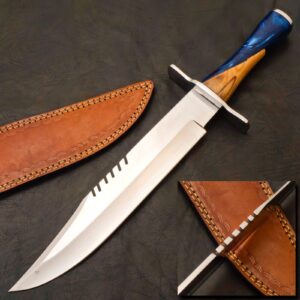 “Custom Bowie knife with steel guard and polished blade”