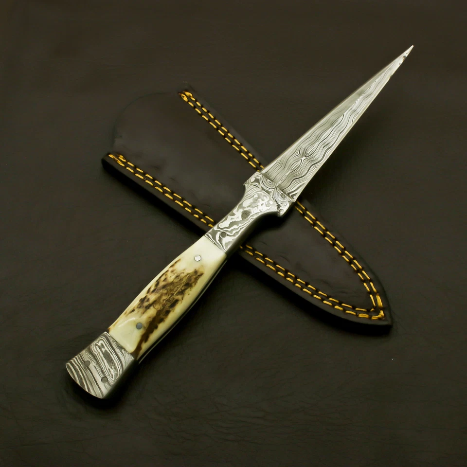 Damascus steel stag handle dagger sheathed in hand-stitched leather cover