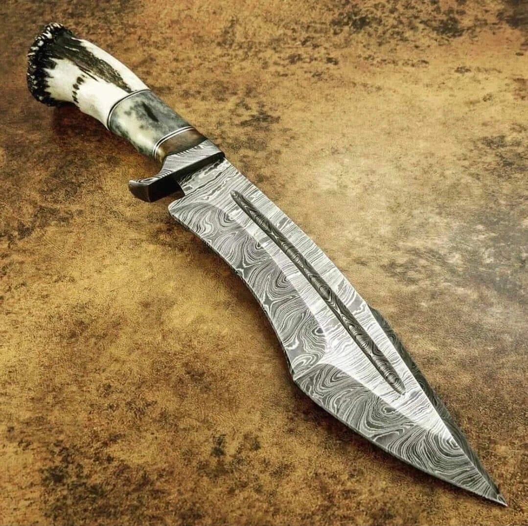 forged damascus steel stag antler crown bone handle bowie knife