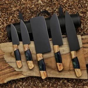 5-piece premium kitchen knife set with powder-coated steel blades, hybrid wood and resin handles, and genuine leather roll bag