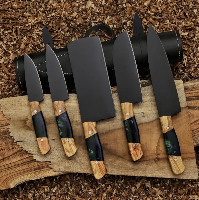 5-piece premium kitchen knife set with powder-coated steel blades, hybrid wood and resin handles, and genuine leather roll bag