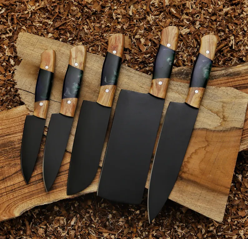5-piece premium kitchen knife set with powder-coated steel blades and hybrid wood resin handles