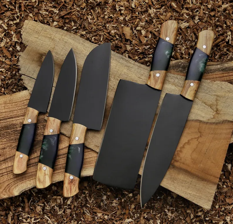 Kitchen knife set with genuine leather roll bag and hybrid wood resin handles