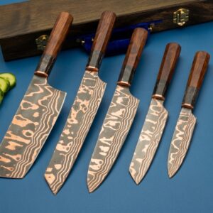 5-piece copper Damascus steel chef knife set with rosewood handles